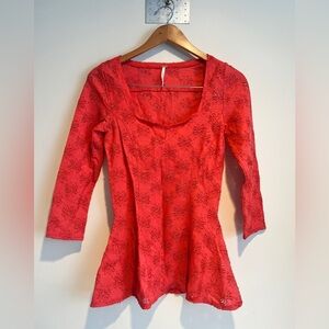 Free People Orange Floral Eyelet Lace Top Square Neck Peplum Sz M Boho Festival